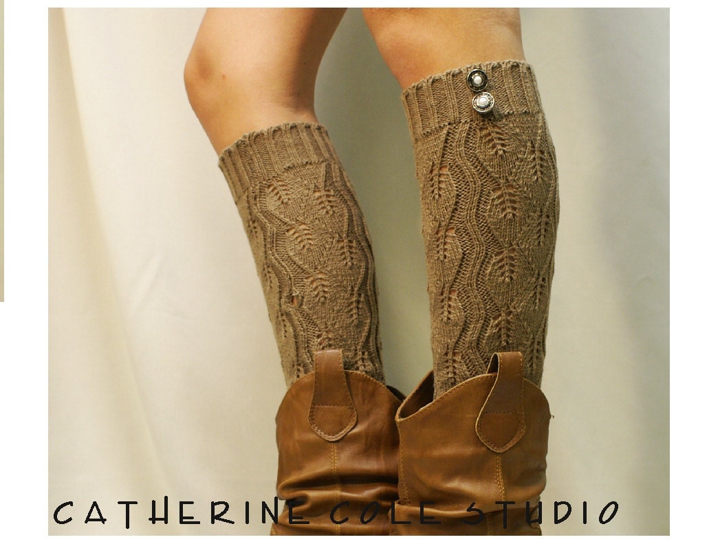 leg warmers Open crochet knit tan / womens leaf knit pattern great with cowboy boots by Catherine Cole Studio legwarmers open work