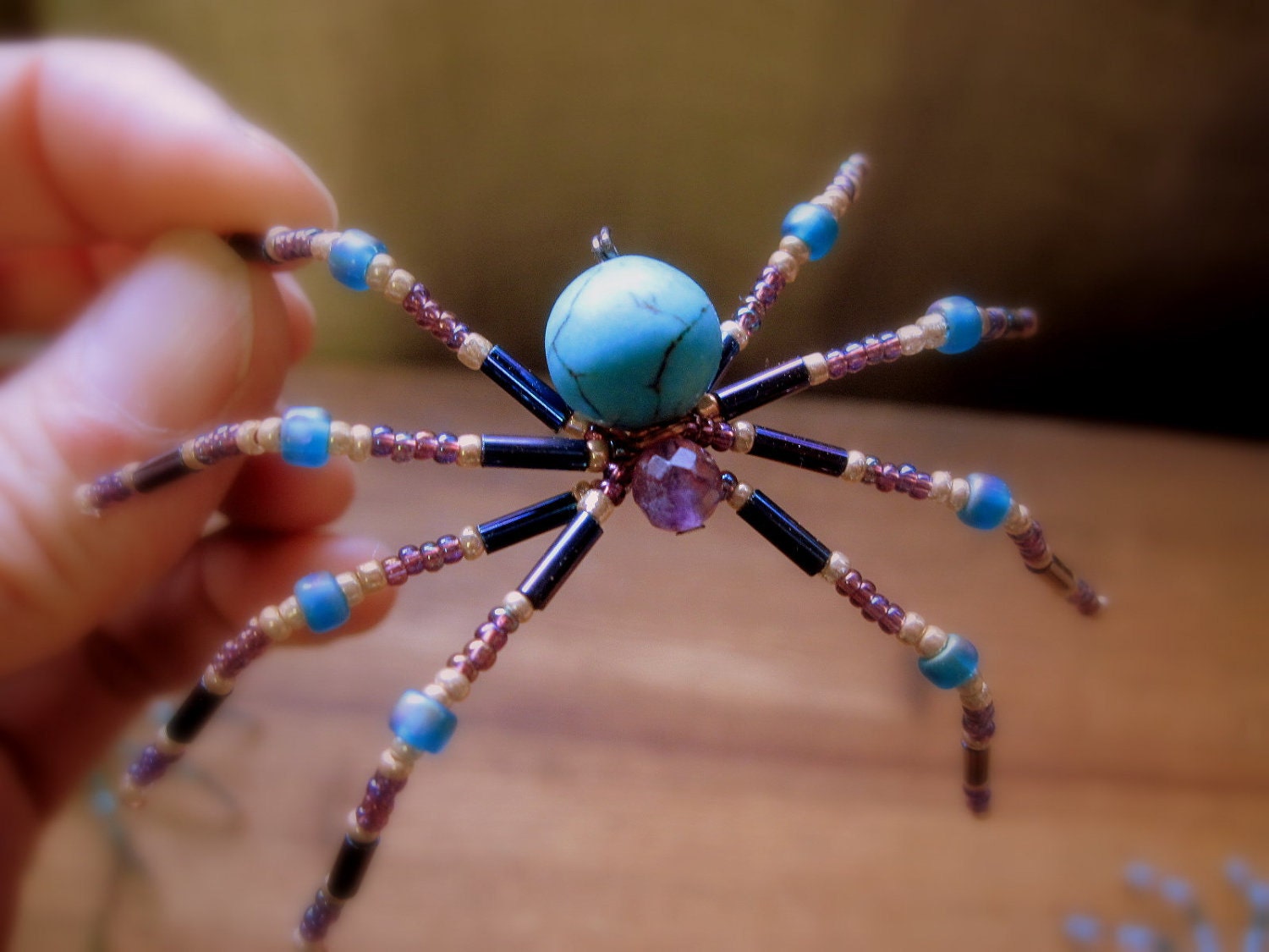 Christmas  Spider  Beaded Sun Catcher Ornament Turquoise and Amethyst