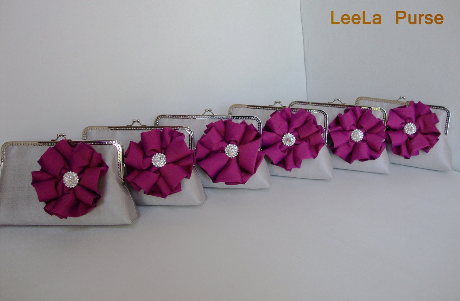 Bridesmaid gift idea - Set of 6 silver grey  silk clutch with fuchsia -monogram the inside for the perfect  gift for summer wedding