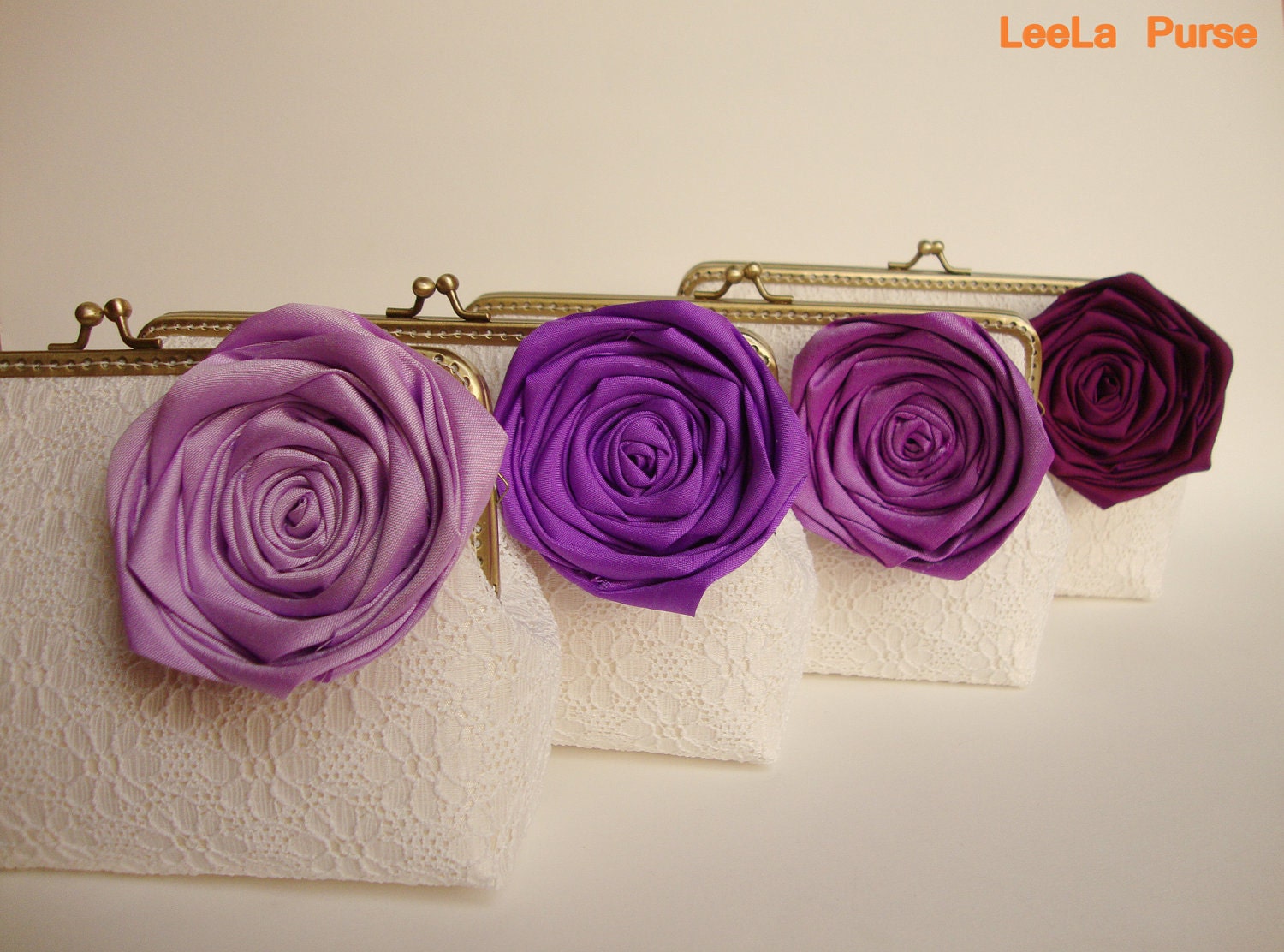 Personalized Bridesmaid Gifts Clutch with Set of 4 Ivory Lace Clutches and Silk Rose Flower brooches