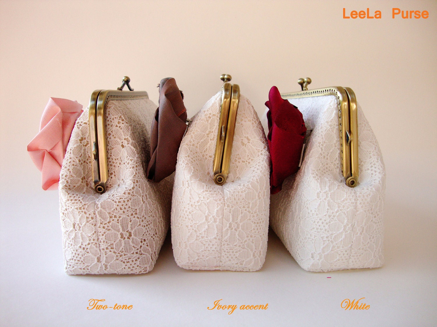 Personalized Bridesmaid Gifts Clutch with Set of 3 White Lace Clutches and Silk Rose Flower brooches -  5% off included