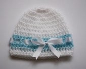 Crochet Baby Hat Beanie White Blue,  Baptism Christening Gift