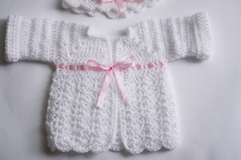 Crochet Baby Cardigan and Hat 0- 6 M , White Pink Ribbon, Christening, Baptism, Gift