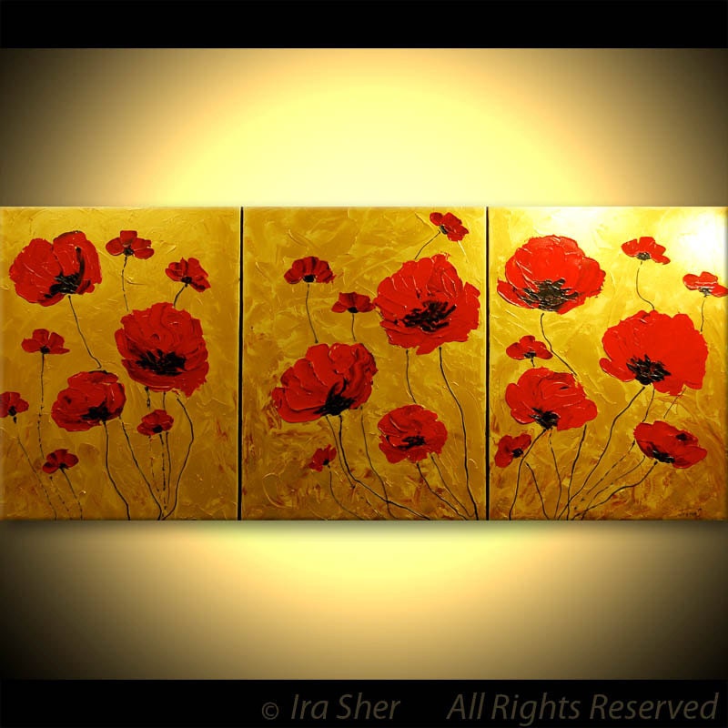 ORIGINAL Red Poppies on gold Modern XXX Large Fine Art Impasto texture Landscape knife oil Flowers 24x54 Painting by IraSher