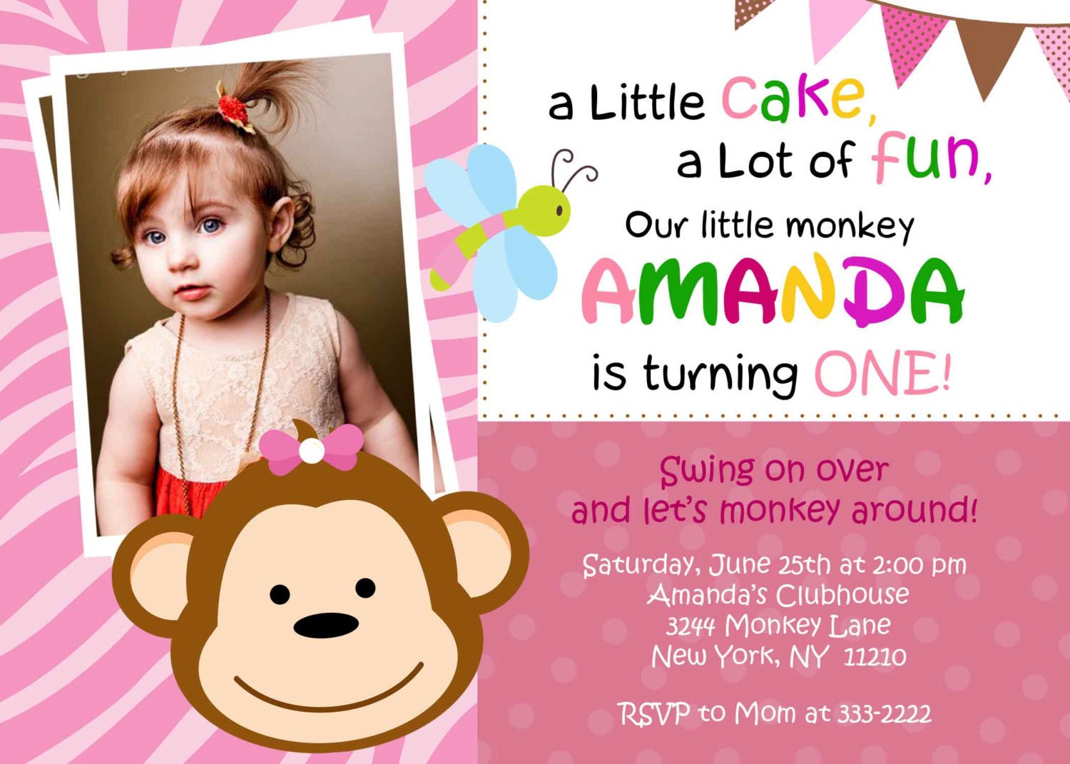 Birthday Invitation - Personalized Mod Monkey Zebra Print With or Without Photo - Digital Print