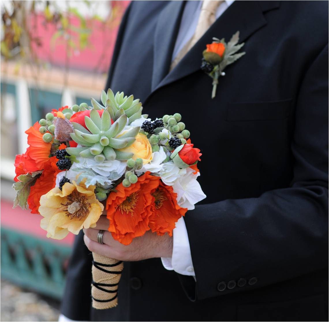 Bouquet with Vibrant Poppies, Succulents, Ranunculus and Blackberries (with Boutonniere)