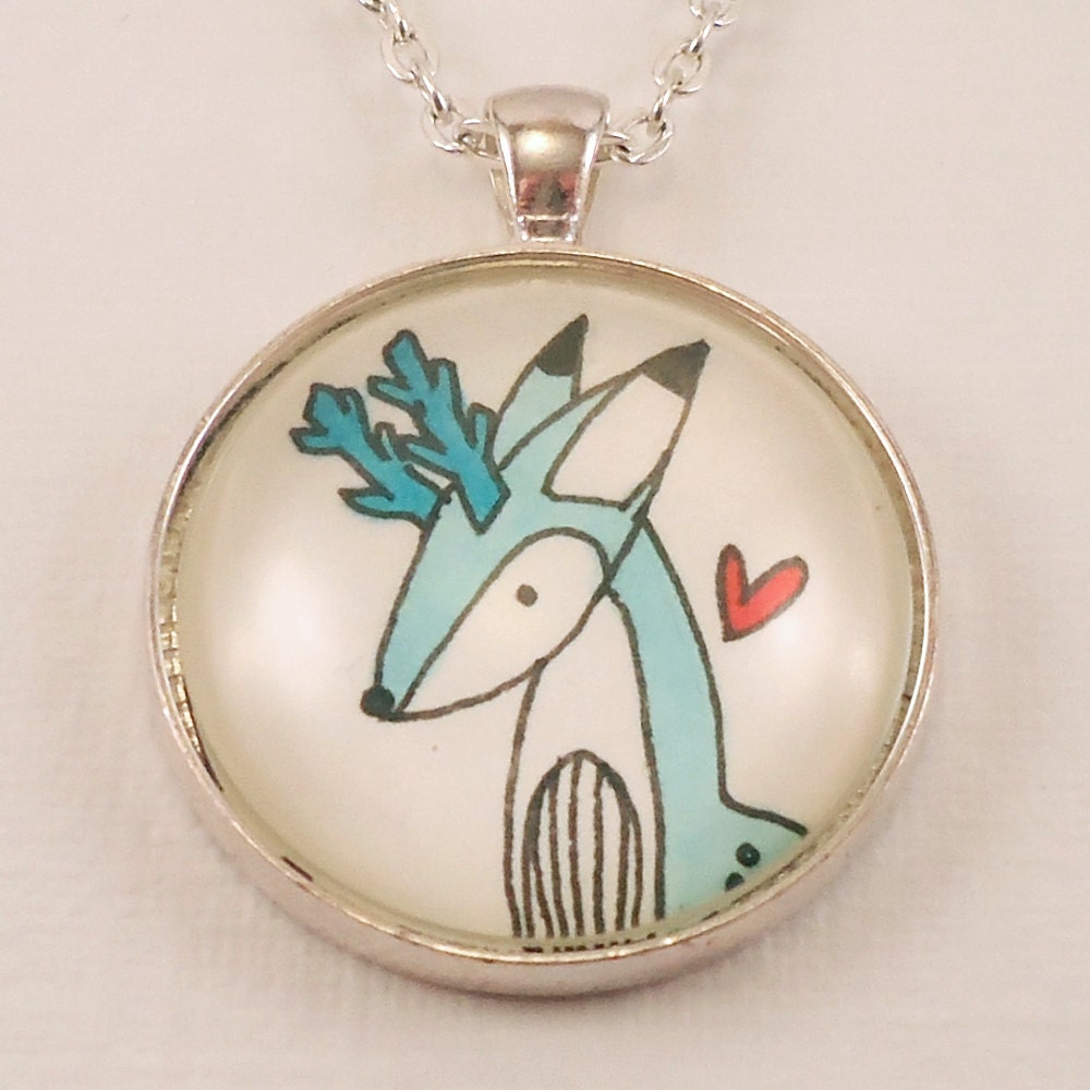 Christmas Reindeer Necklace, Winter Jewelry, Blue Deer