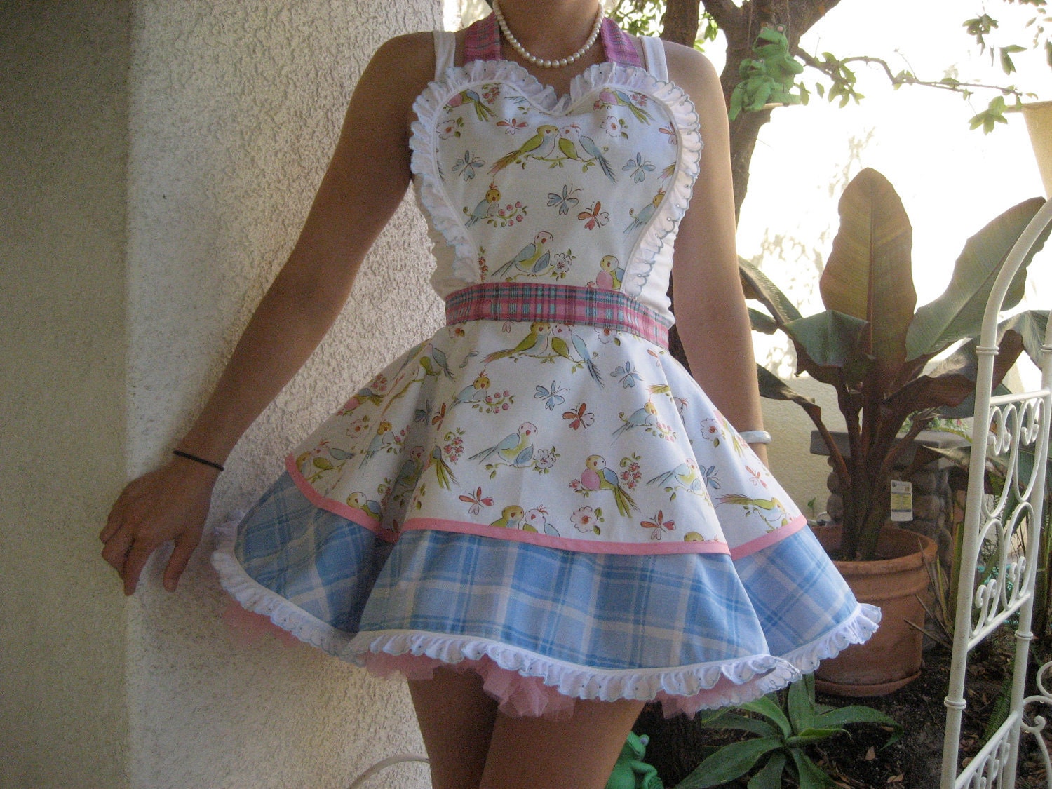 Love Birds and Sky Blue Plaid Hostess Apron