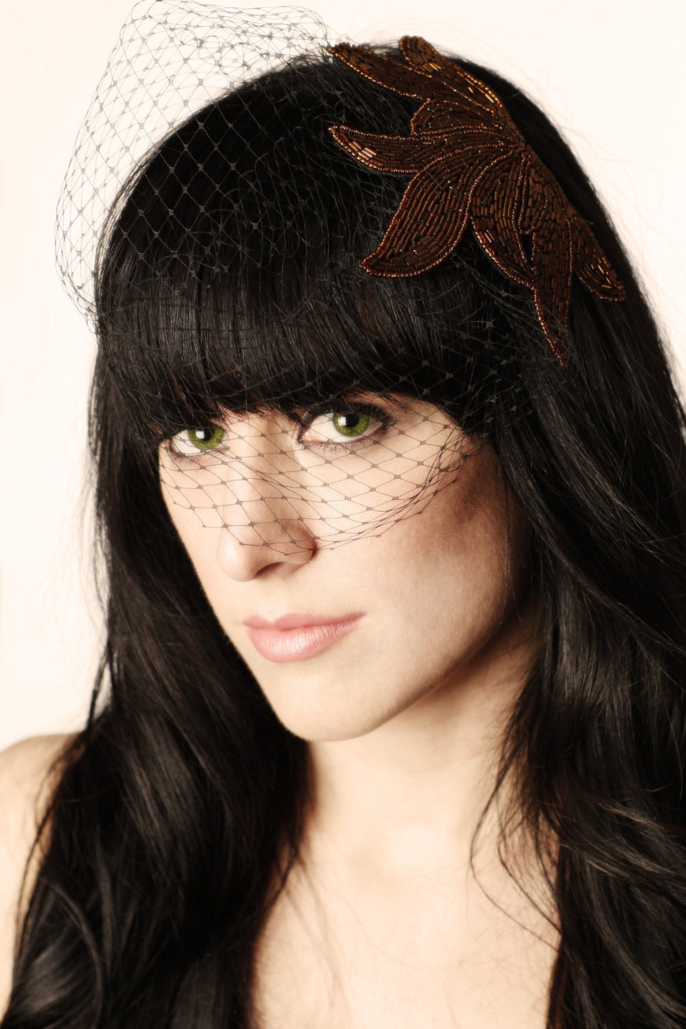 Black Birdcage Veil with Bronze Beaded Applique- Hair Accessory