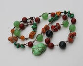 Bogemian Rustic Knotted Gemstone NECKLACE - Light Green and Orange Howlite, Fancy Jasper, Red Jasper  - Ready To Ship
