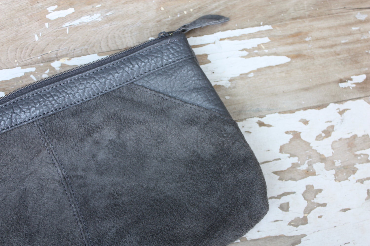 Vintage 1980's Gray Suede Leather Clutch Purse