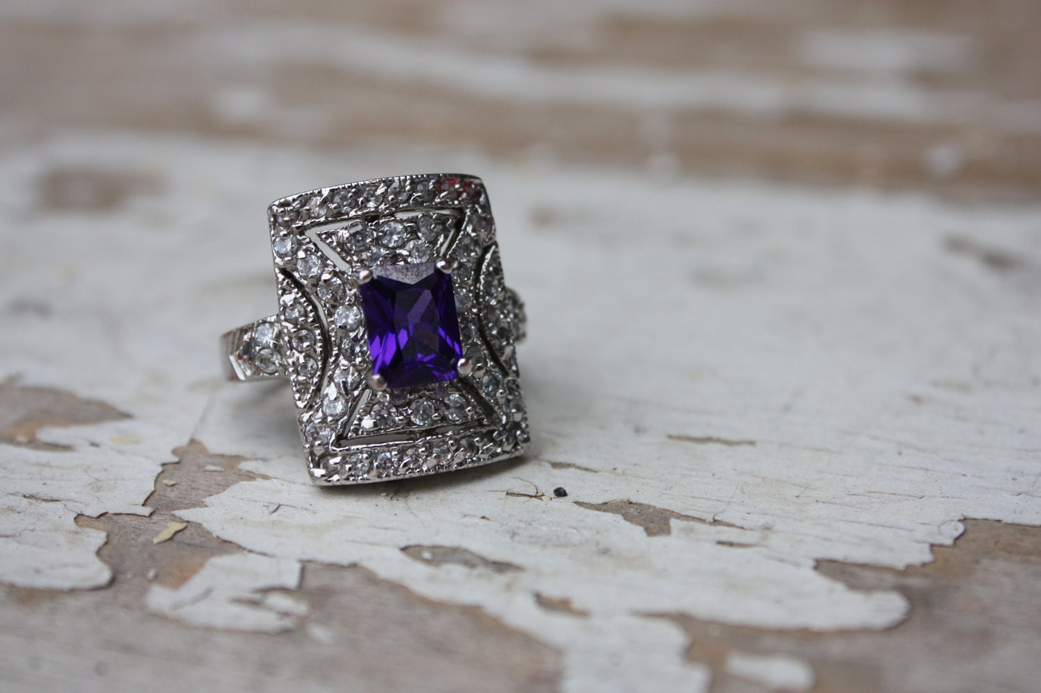 Vintage Diamond and Sapphire Oversized Costume Jewelry Cocktail Ring Size 8.5 - 9