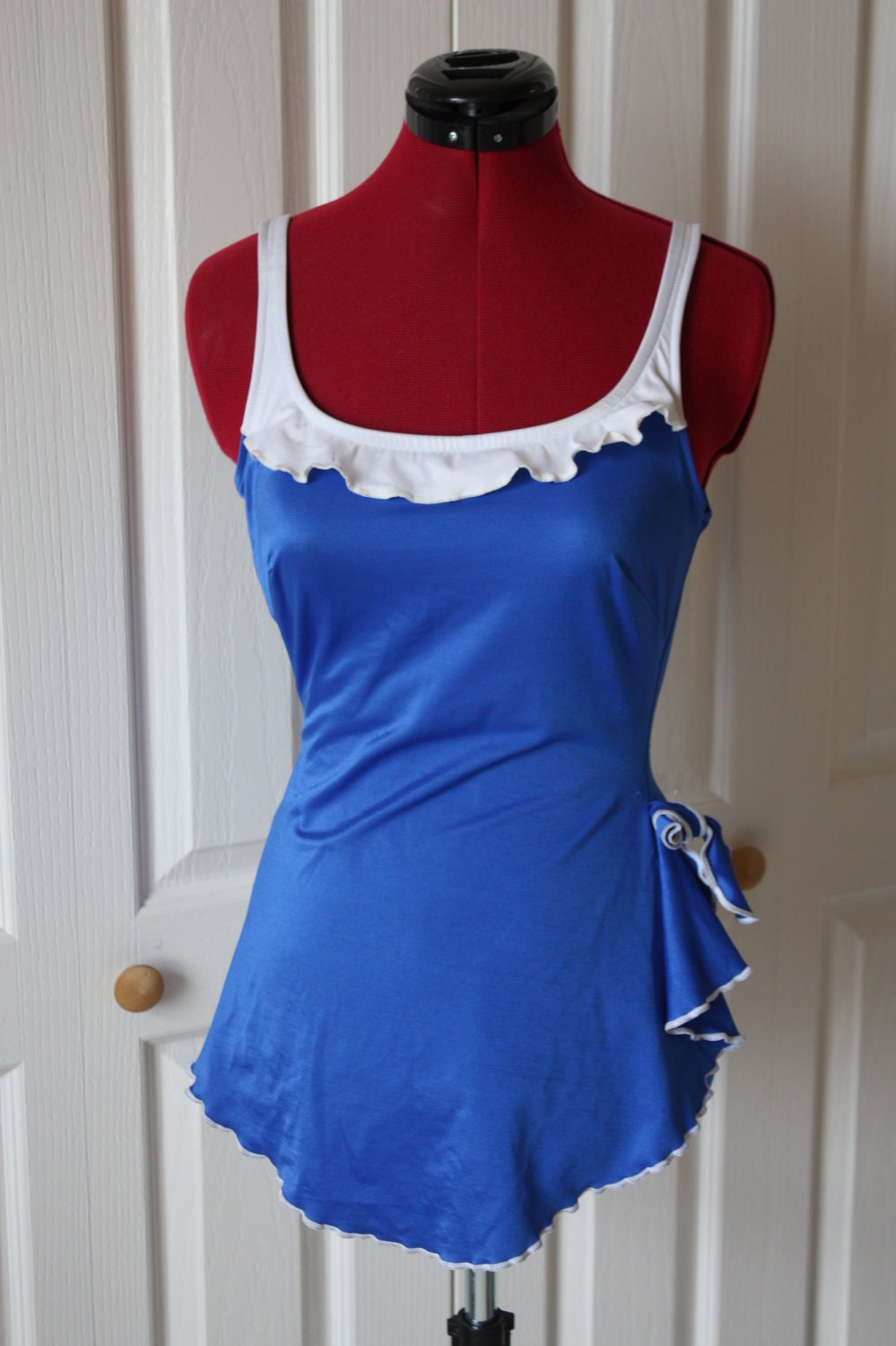 Vintage 1980's Blue Nautical Bombshell Swimsuit with Ruffled Skirt 14 Medium