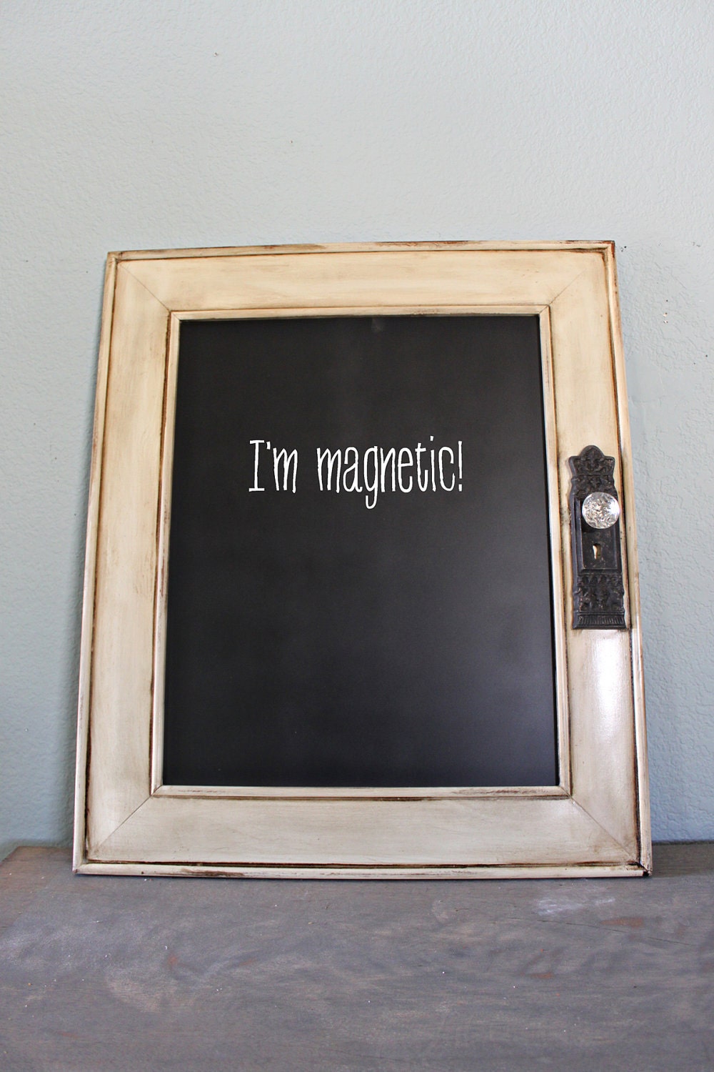 Distressed Ivory Magnetic Chalkboard with Antique Door Handle Rustic Wedding Vintage Photo Prop Shabby Wedding Rustic Chalkboard Off White