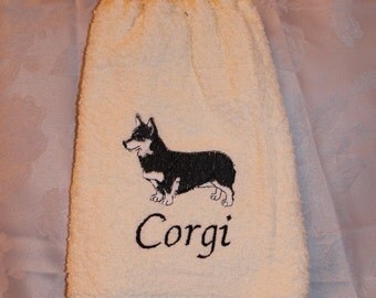 Corgi dog (Pembroke black) - Embroidered crochet topped hand towel (Free USA Shipping)