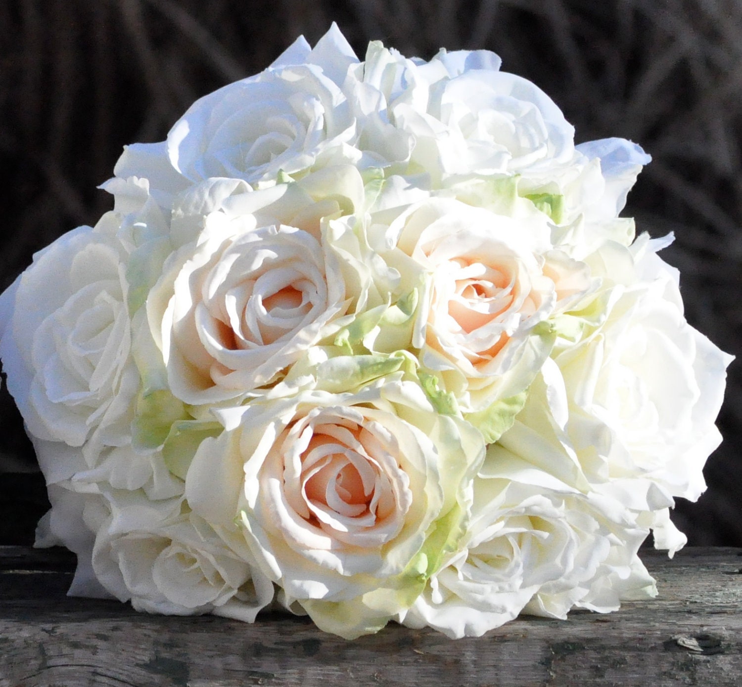 Blush white rose wedding bouquet made of silk roses.