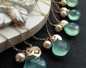 Bridesmaid Gifts, Set of 7: SEVEN  Personalized Gold Necklaces, Aqua, Teal, Sea green, Custom Stone & Letter charm necklaces