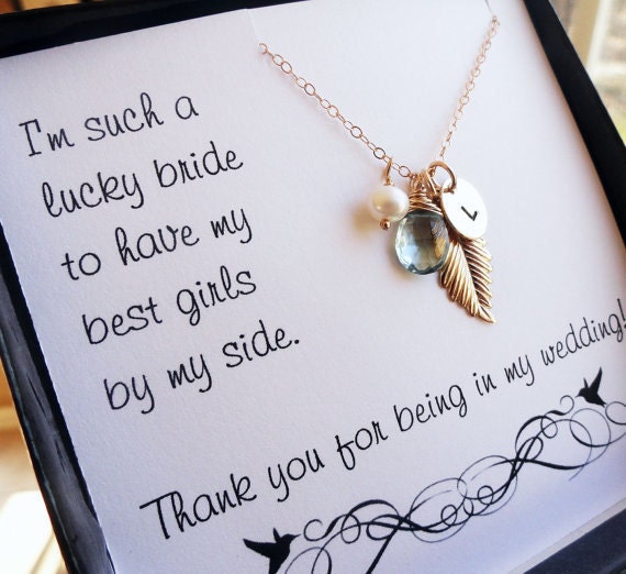 Set of 5: FIVE Bridesmaid CARDS & personalized NECKLACES, Bridesmaid gifts, bridesmaid thank you cards, necklaces for bridesmaids