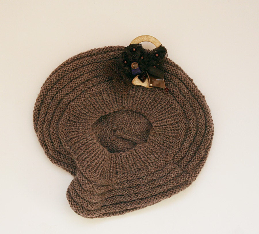 Hand knitted hat- beret, fashion, women, lace,brooch, elegant, flower