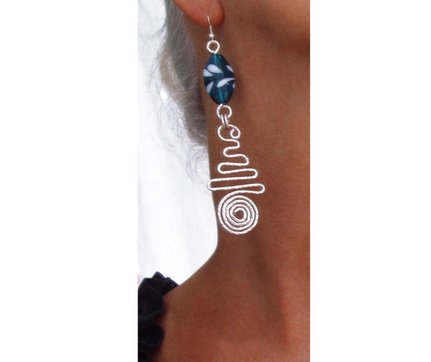 Chandelier Wire Earrings  - Turquise Murano glass with white leaves