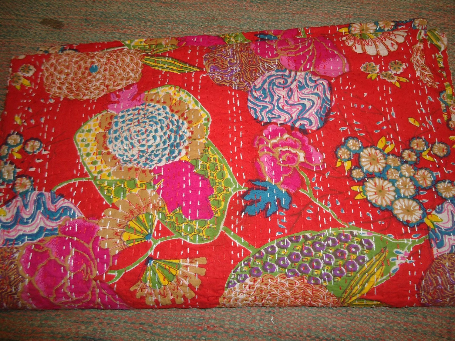 kantha quilt cover fully handmade flower prints- bright red