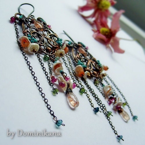 SIRENE,copper earrings, silver hooks, sun stone, keishi pearls, tourmaline, persian turquoise