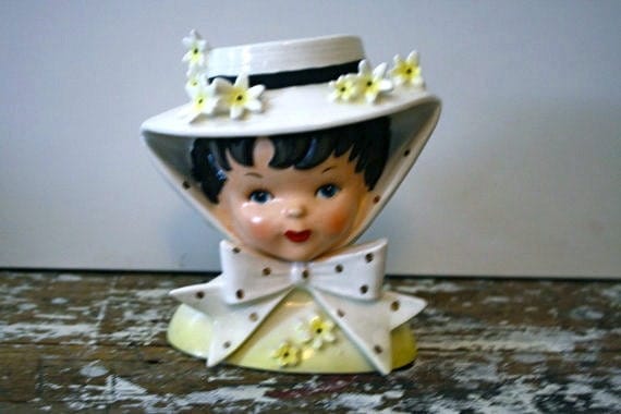 Yellow Relpo Head Vase Girl in Yellow Bonnet Collectible Vintage Decor