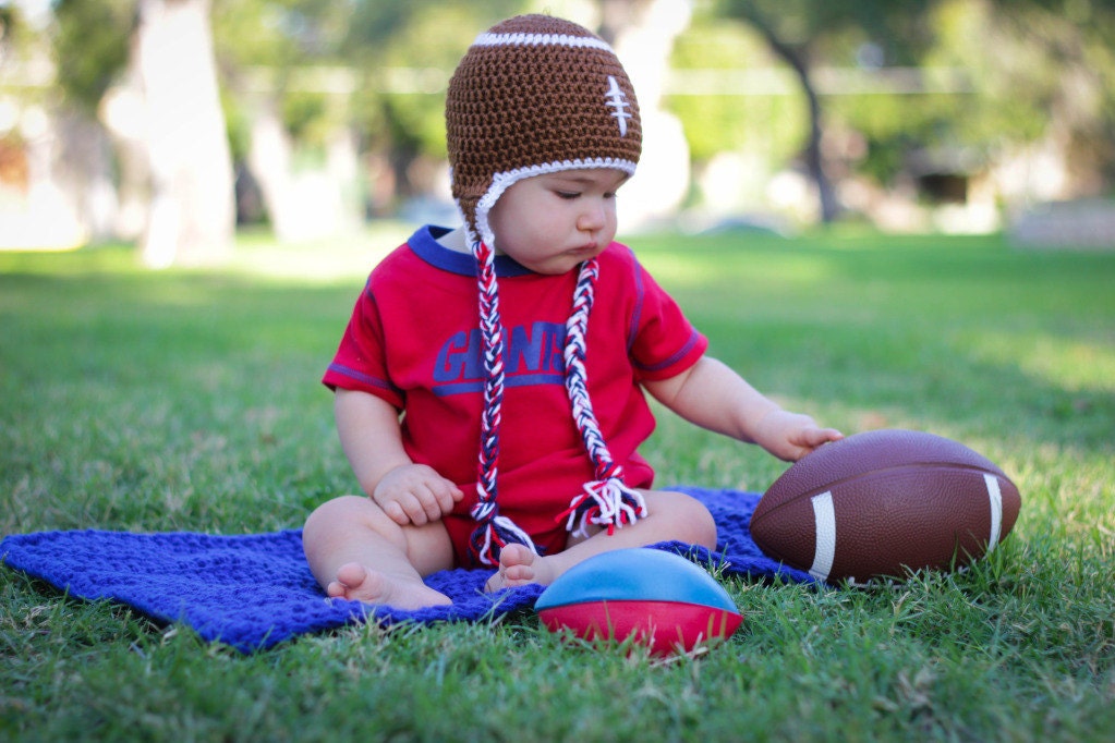 Crochet Football Earflap Hat with team colored braids - newborn-5 years sizes, customize with your favorite team colors