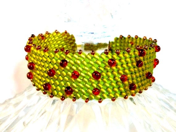 Bead Woven Bracelet In Olive Green Topaz and Copper Tones
