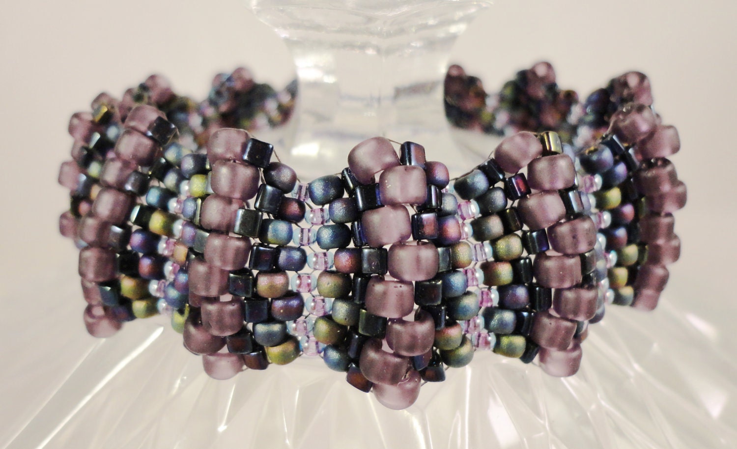 Beaded Purple Bracelet Woven with Plum Purple, Midnight Blue, and Peacock Glass Seed Bead Stripes 7 1/2 Inches