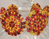 Beaded Mandala Bracelet Woven with Red, Orange, and Yellow Seed Beads 7 1/2 Inches