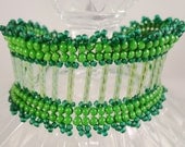 Beaded Glass Bracelet Woven in Green Glass Seed Beads and Bugle Beads, St Patricks Day Bracelet 7 1/2 Inches
