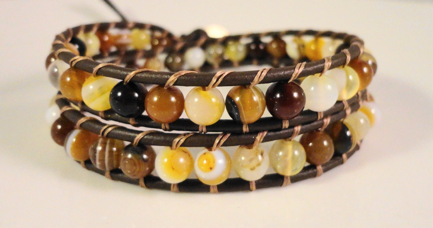 Beaded Leather Wrap Bracelet, Agate Gemstone Bracelet, Leather Wrap Bracelet, Chan Luu Style, Double Wrap, Natural Colors, Boho Bracelet