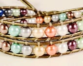Pearl Leather Wrap Bracelet, Multicolor Beaded Wrap Bracelet, Chan Luu Style, Double Wrap, Boho Bracelet, Glass Beach Bracelet