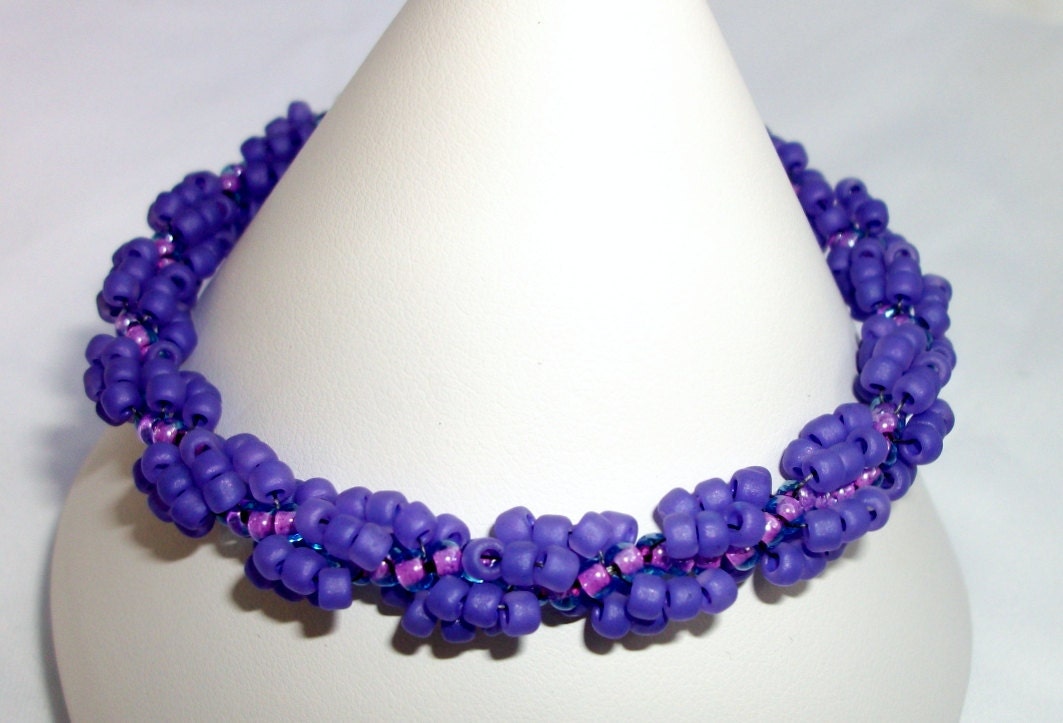 Seed Bead Woven Spiral Rope Bangle Bracelet In Purple Tones