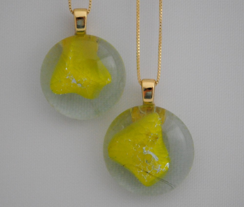 2 Bridesmaid Pendants Glass Vintage Marbles Sunshine Yellow with 14K Gold Bails