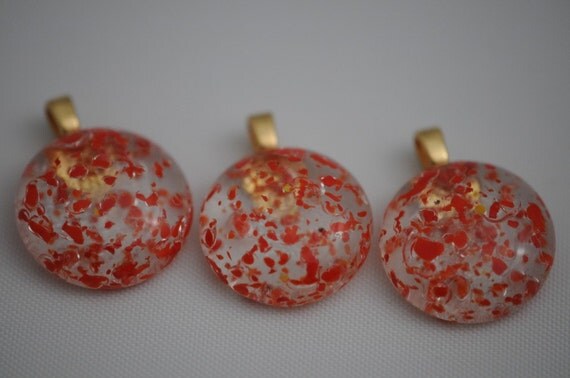 Set of 3 Red Bridesmaid Glass Marbles Recycled into Pendants with 14k Gold plated bails
