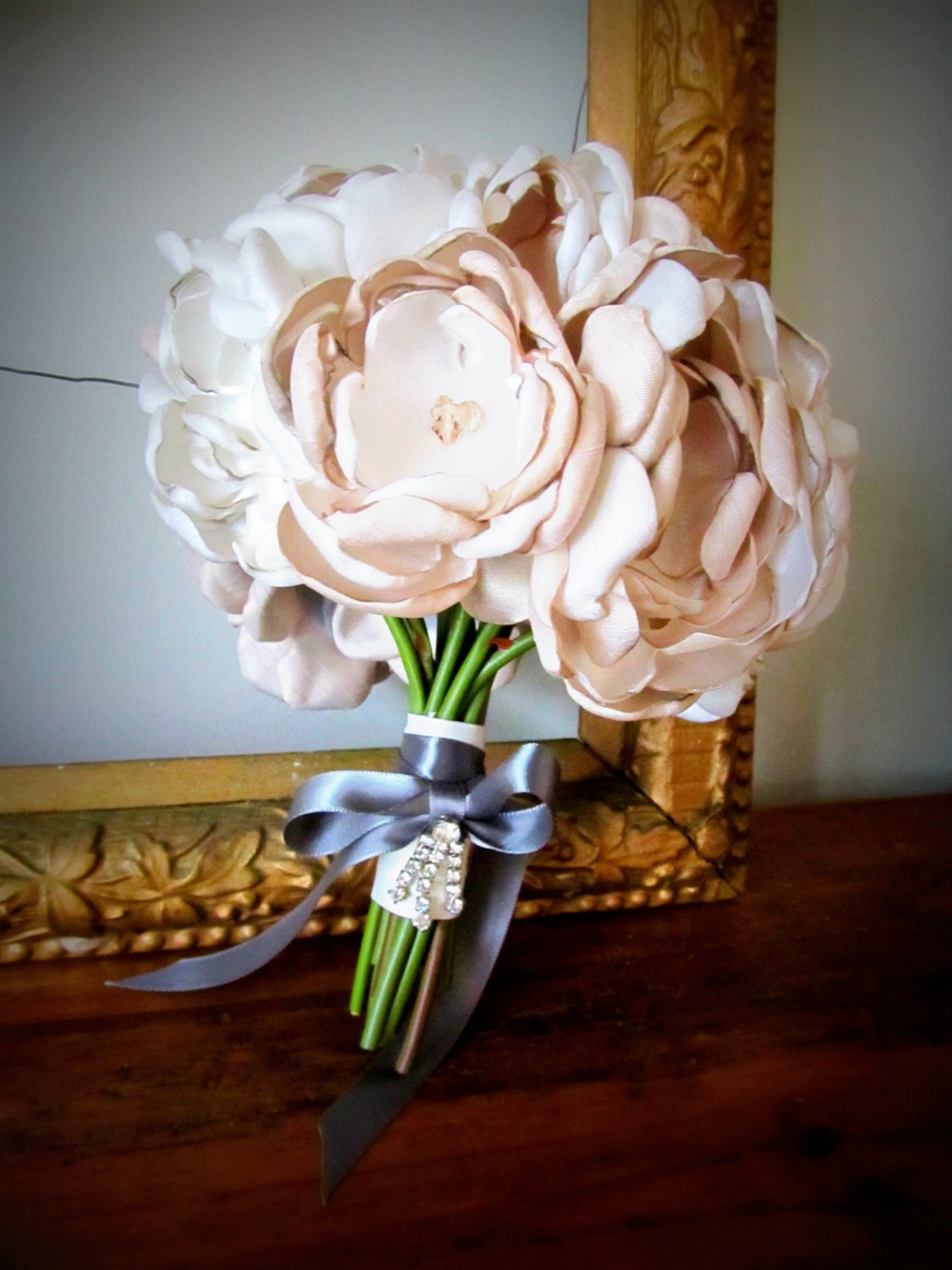 Bridal Bouquet with Ivory and Champagne Satin Flowers