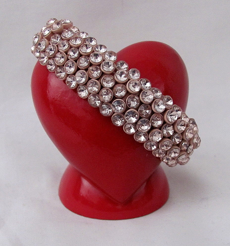Hold for Deb - Very Vintage Coral Enameled Rhinestone Stretchable Bracelet - Circa 1930s - WOW Factor