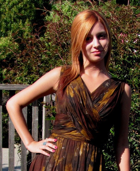 Vintage I Magnin Co Silk Chiffon Criss Cross Bodice Brown and Gold Floral Dress - 1950s Style - Gorgeous