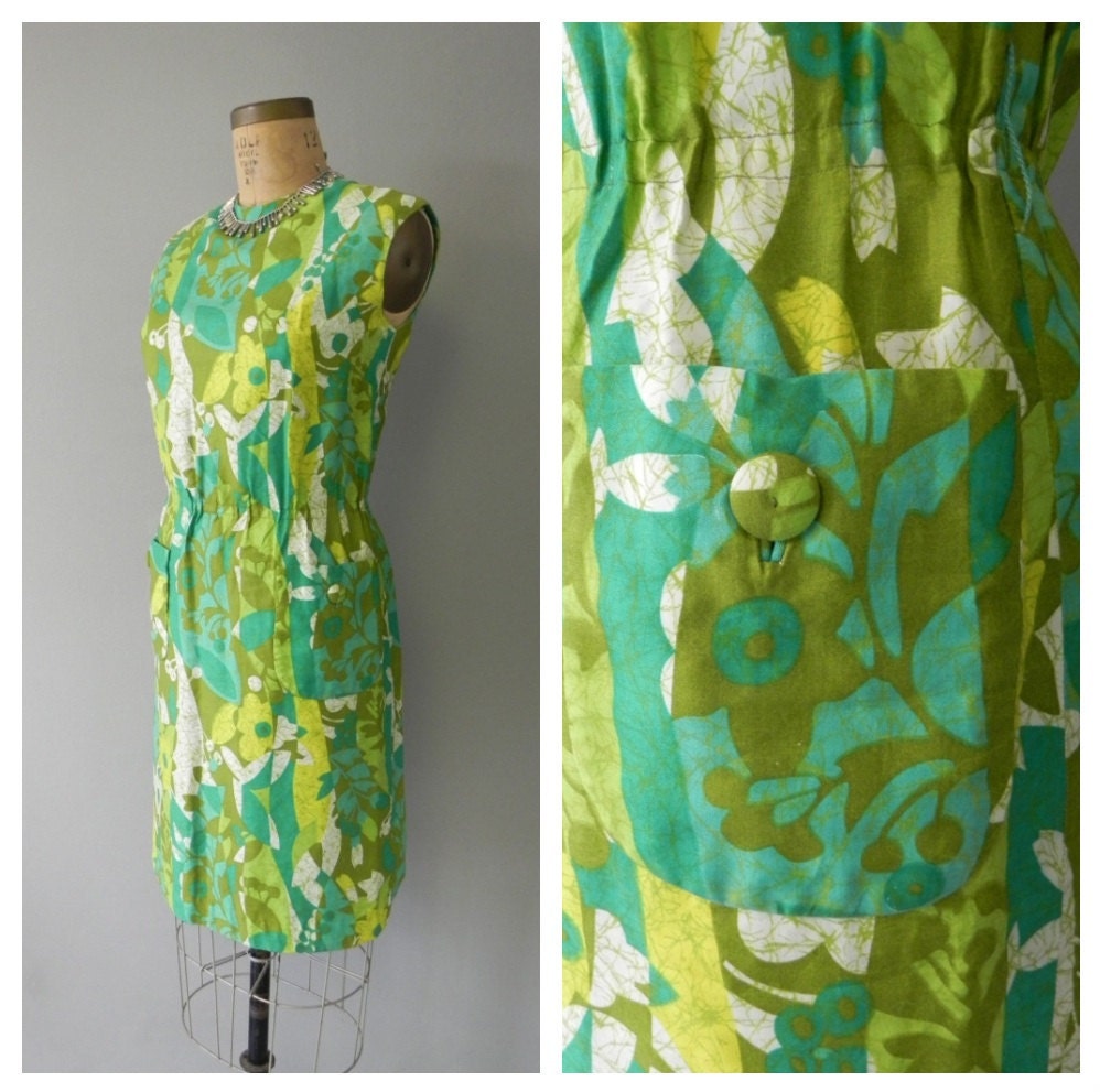 mod 60s dress by nancy greer - hawaiian inspired tropical print -  medium