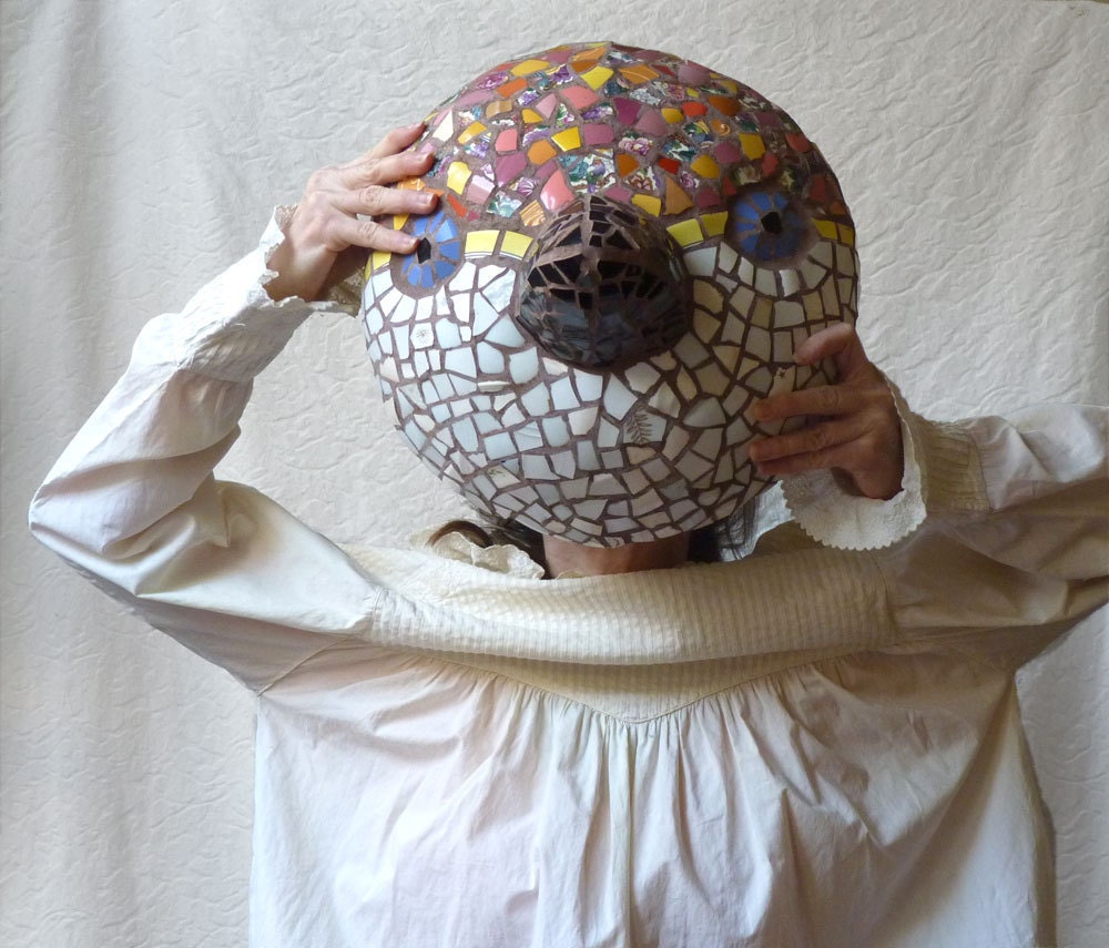 Mosaic Bird Mask Sculpture, Wall Hanging for the Garden
