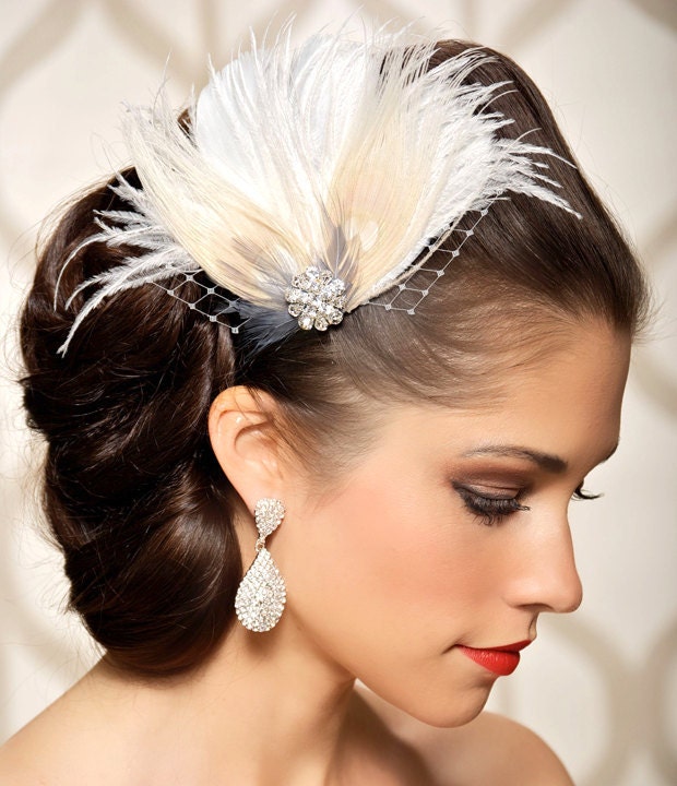 Ivory Bridal Head Piece Champagne Peacock Feather Fascinator Vintage Inspired Rhinestone Wedding Hair Piece - Made to Order - VIVIAN