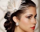 Ivory Champagne Bridal Head Piece Feather Fascinator Vintage Inspired Pearl Rhinestone Wedding Hair Piece - Made to Order - ISABEL