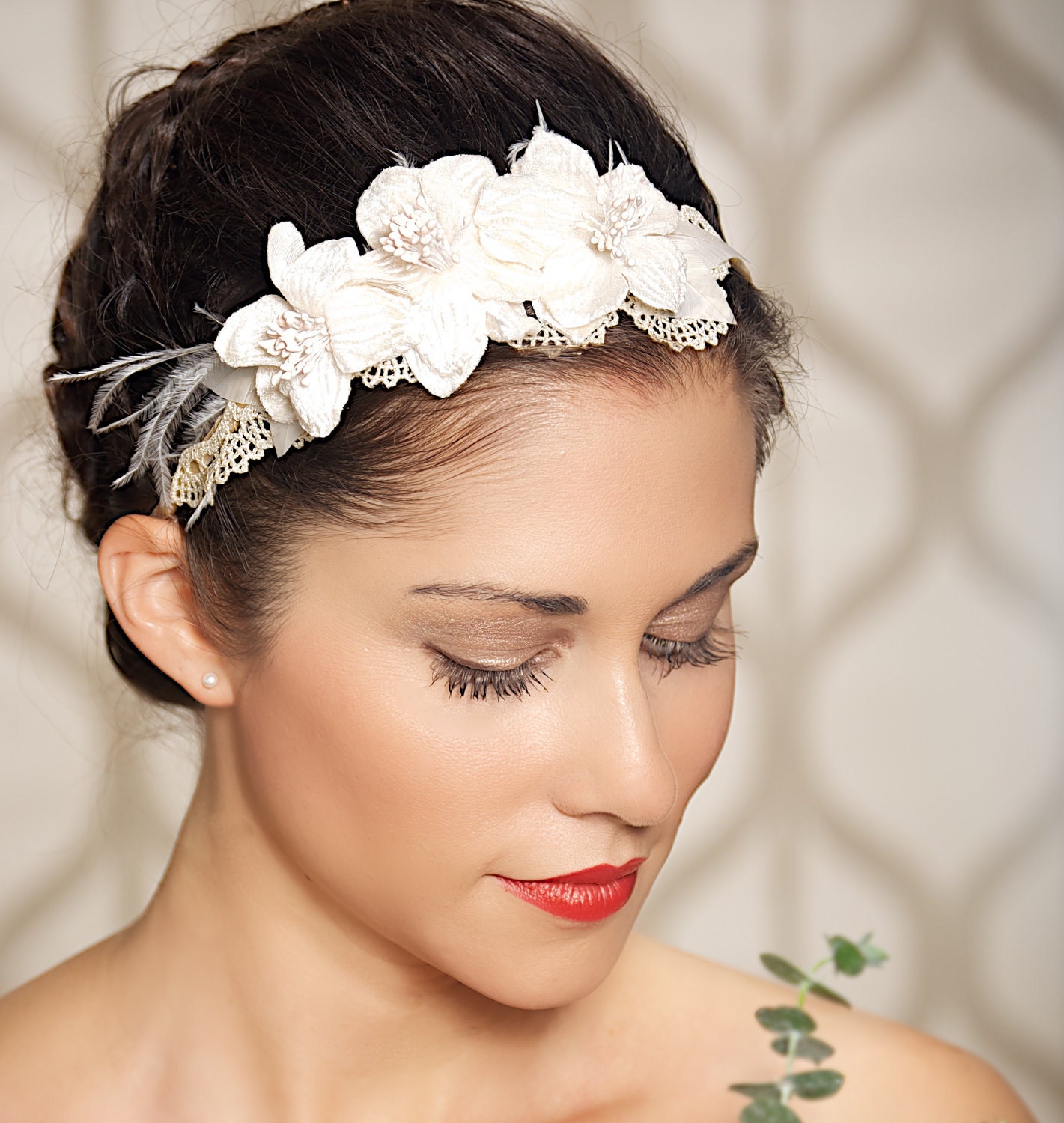 Ivory Lace Bridal Headband Elegant Bridal Headpiece Vintage Champagne Hair Flowers - Made to Order - MAGDELENA