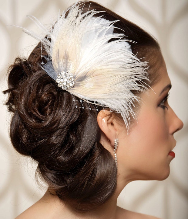 Ivory Bridal Head Piece Champagne Peacock Feather Fascinator Vintage Inspired Rhinestone Wedding Hair Piece - Made to Order - VIVIAN