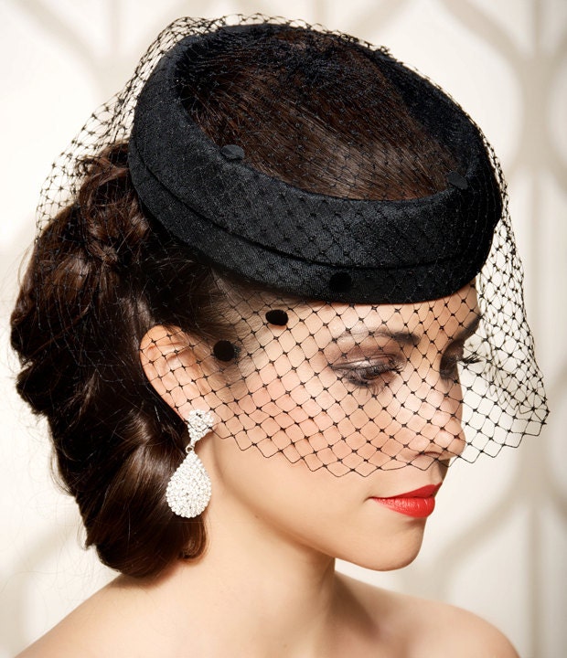 Black Bridal Cocktail Hat, Dotted Black Veil, Vintage 1940 Wedding Hat with Birdcage Veil - One of a Kind - KAT