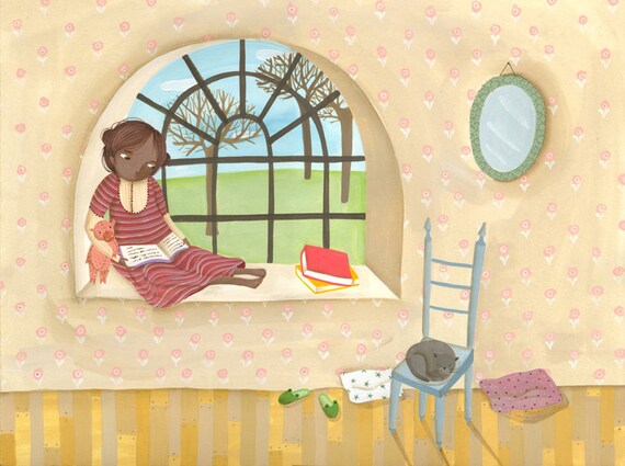 Digital print of a children illustration- "Reading by the window"