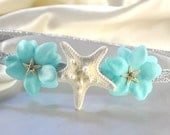 Sparkly Starfish Headband White Starfish aqua turquoise flowers with teeny starfish & rhinestones