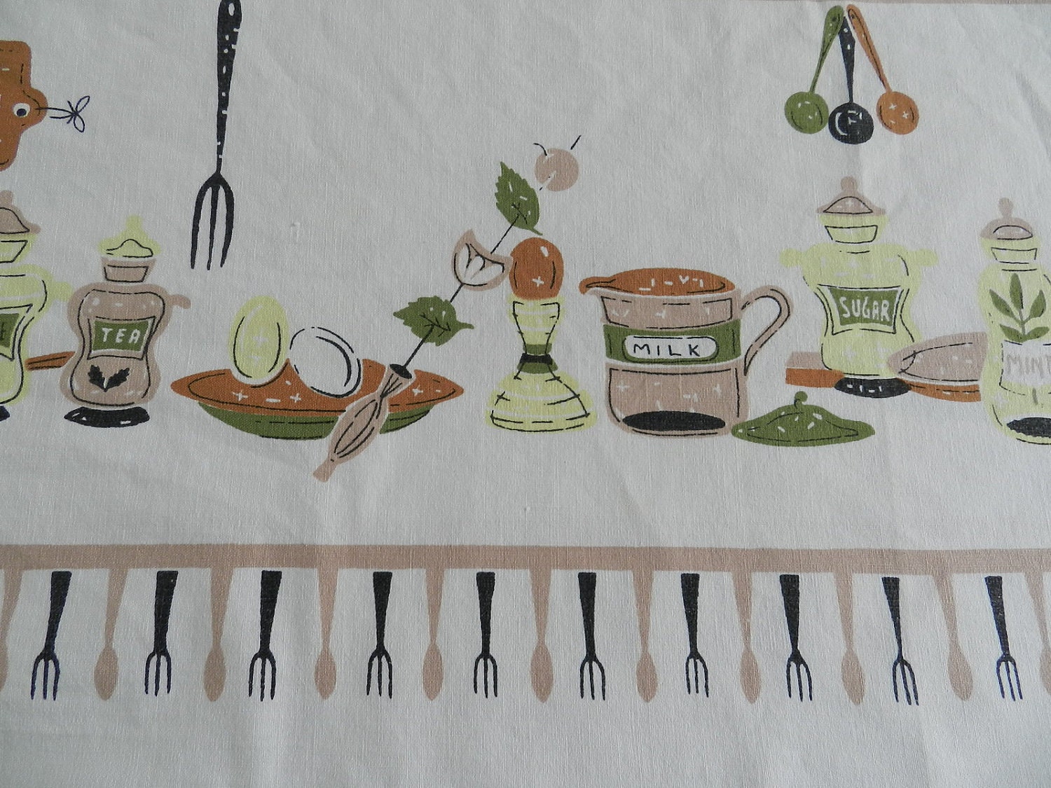 Vintage Kitchen Pantry Basics Cotton Tablecloth Salt Pepper Flour Sugar Coffee Tea with Forks and Spoons Border